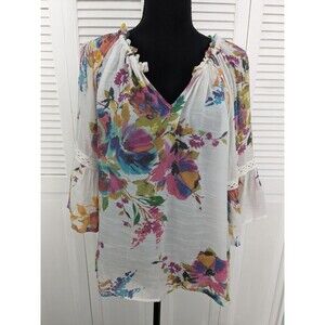Spense Top Womens S White Pink Floral Boho Vneck 3/4 Sleeve Lightweight Blouse
